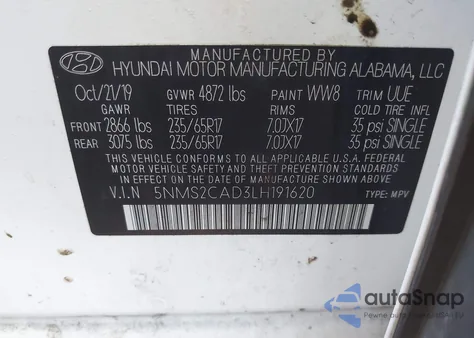 2020 Hyundai Santa Fe Se z USA, uszkodzony, nr VIN 5NMS2CAD3LH191620